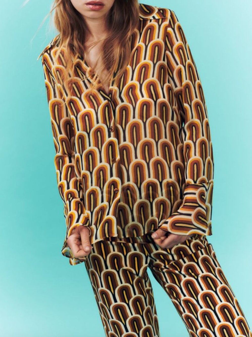 Zara Coord Set Blouse With Ruffle Sleeves And Flared Pants